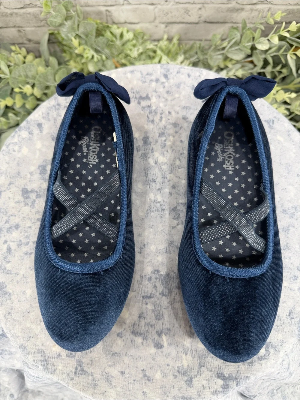 OSH KOSH B’GOSH “Vashti” Dark Navy Blue Velvet Ballet Bow Flats 💙 Girls 12M EUC